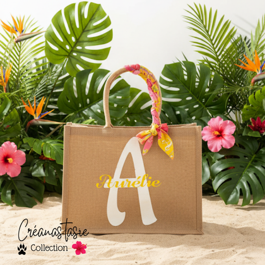 Madras Rose&Jaune 🩷 Sac en toile de jute